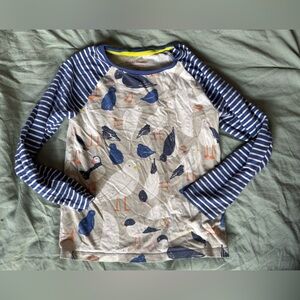 Mini Boden 6-7 Blue Striped Kids Shirt with Bird Print